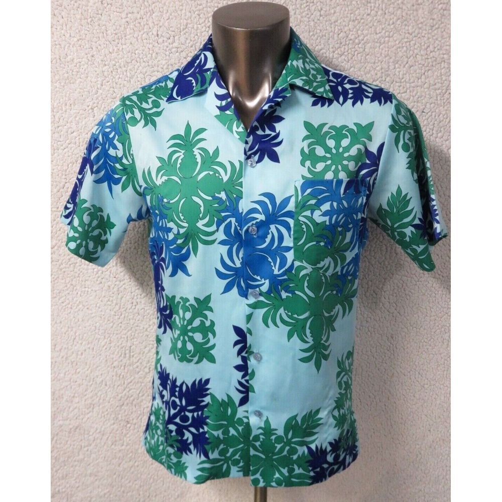 Mens Vintage Sand Pebble Hawaiian Shirt‎ Size M Polyester Made in USA Blue Green